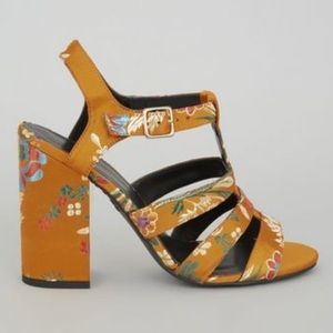 Orange Satin Floral Brocade Gladiator Block Heels